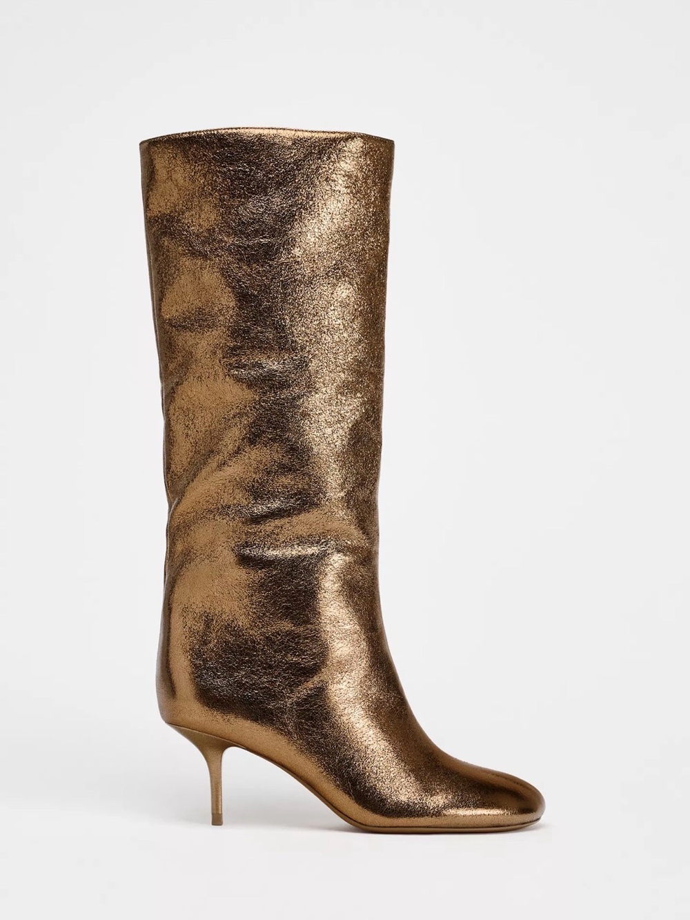 Zara Metallic Bronze Mid-Calf Kitten Heel Boots